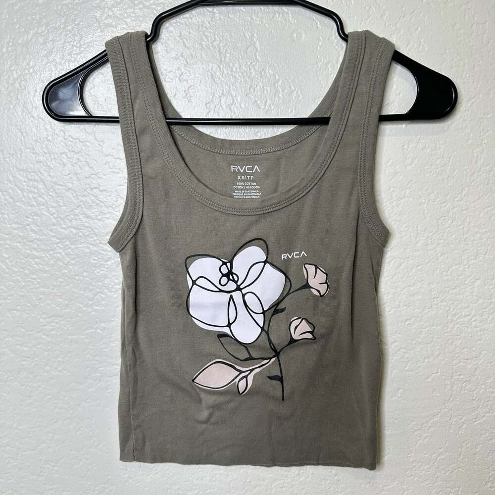 RVCA Olive Green Floral Graphic Ribbed Tank Top Crop Size XS